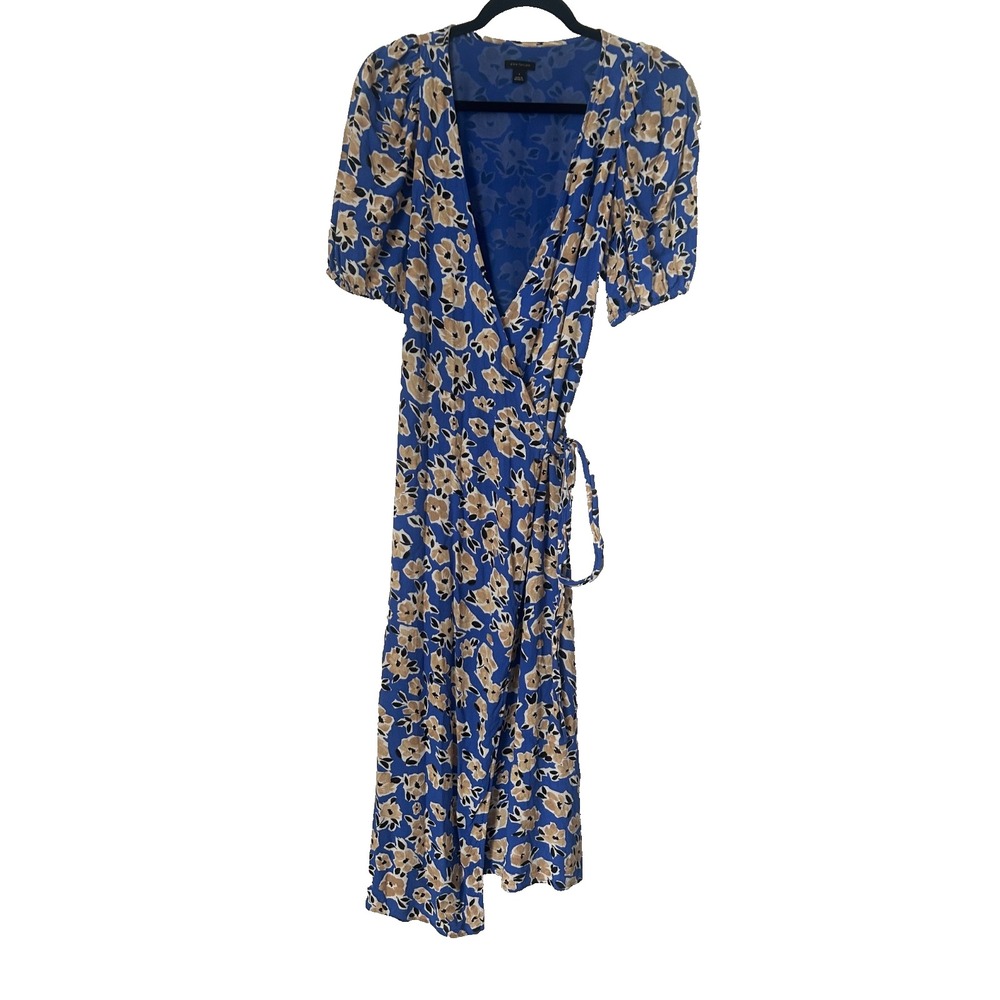 Ann Taylor Wrap Dress Size 4 Blue Ivory Floral Short Puff Sleeve Tie Waist Midi